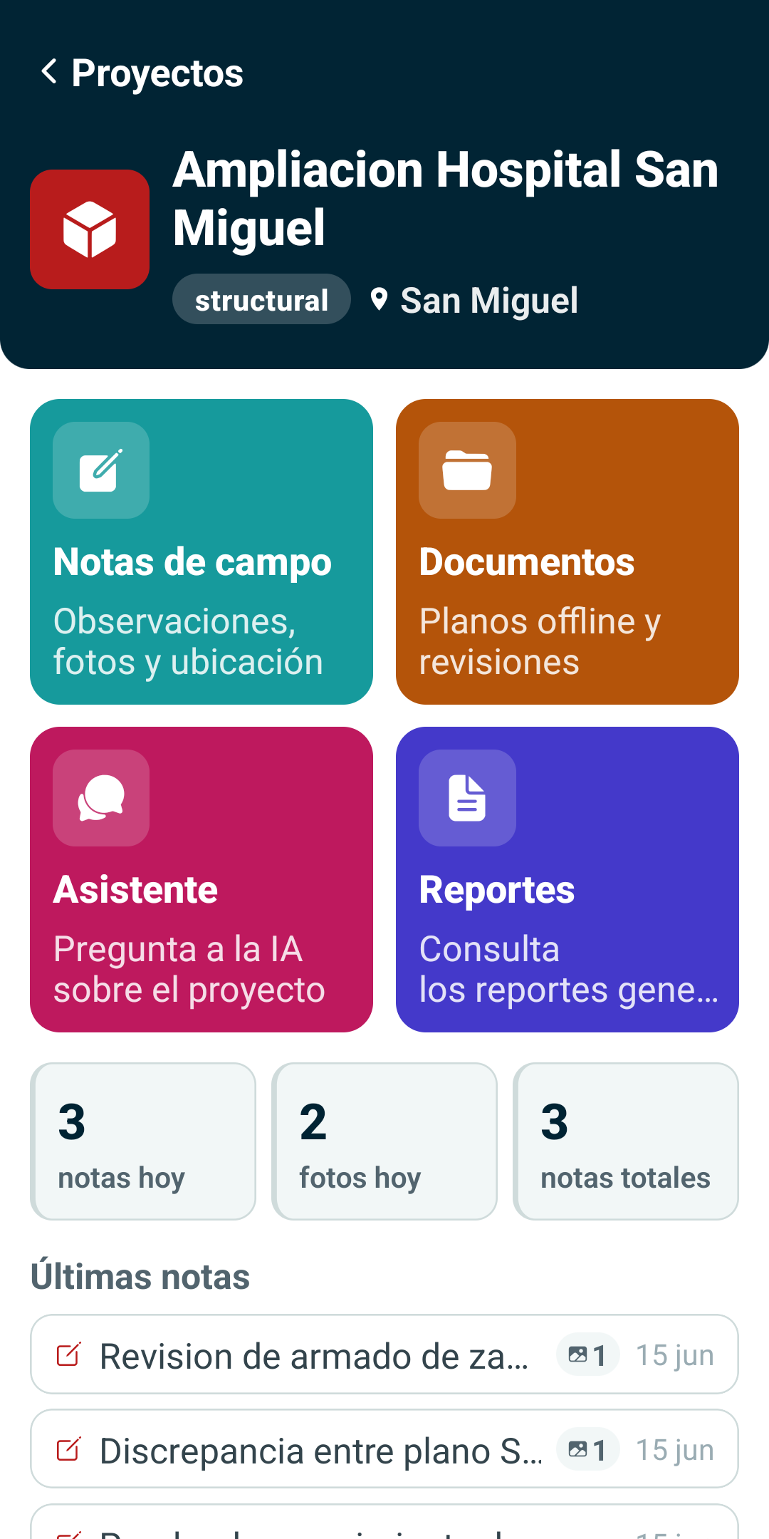 Panel de cada proyecto